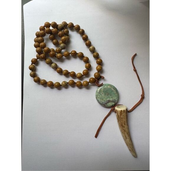 Vintage Native American Viscolite & Jasper Beaded Antler Necklace Navajo Boho - Picture 2 of 7